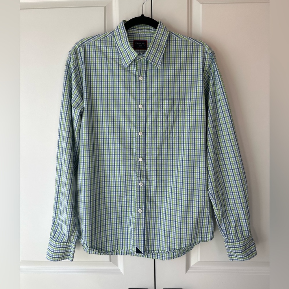 UNTUCKit Men’s Slim Fit Plaid Green and Blue Button Down Shirt (Size L)